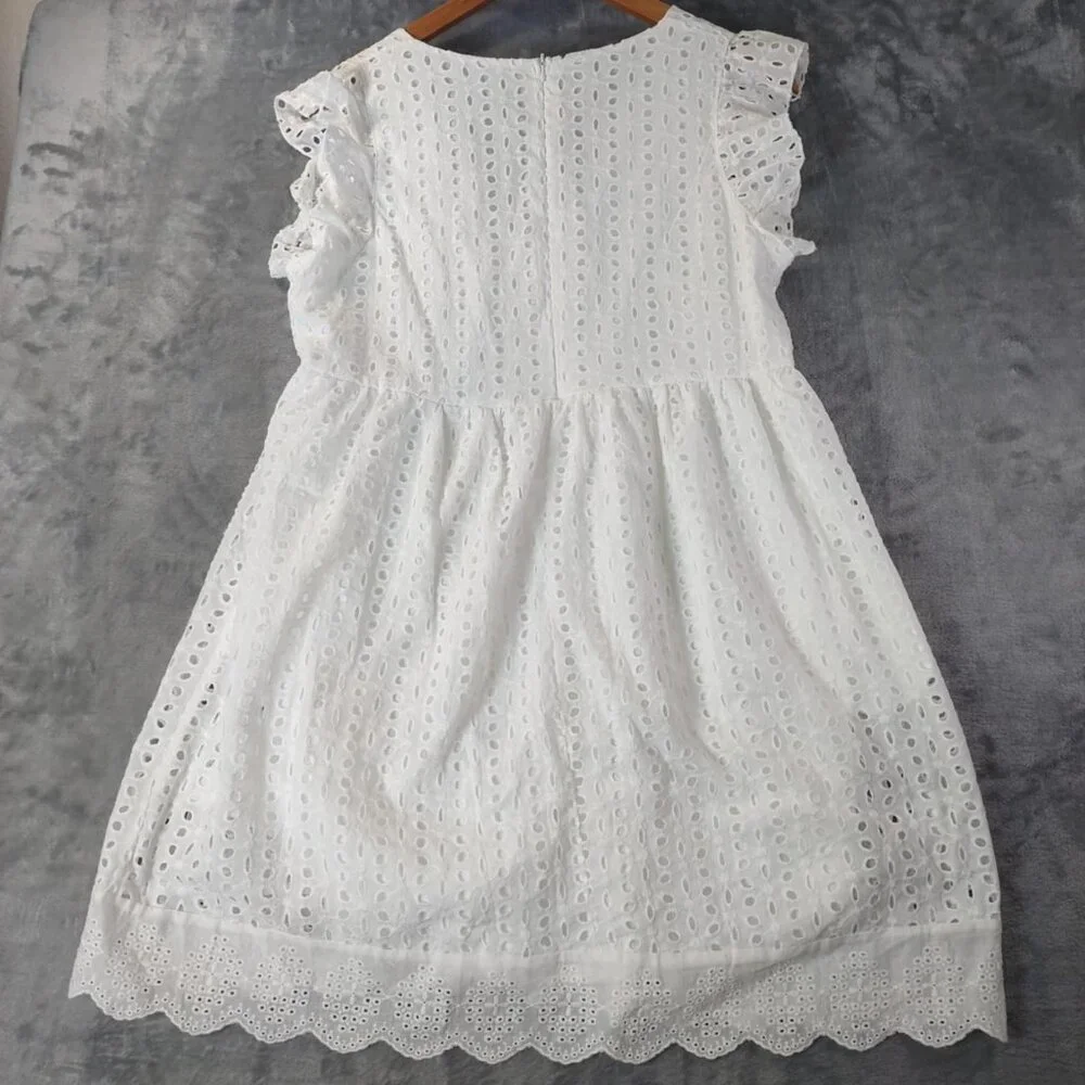 Unbranded Women's XS‎ White Summer Romper Eyelet Lace Scallop Hem Ruffle Sleeves